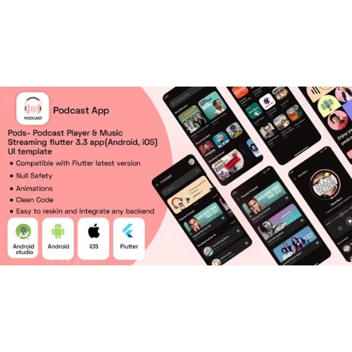 Pod'lar - Podcast Oynatıcı ve Müzik Akışı flutter 3.3 uygulaması (Android, iOS) kullanıcı arayüzü şablonu