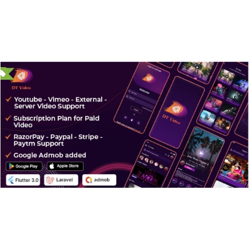 DTVideo- Flutter Çok Amaçlı Hepsi Bir Arada Videolar Uygulaması (Android + ios) Yönetici paneli