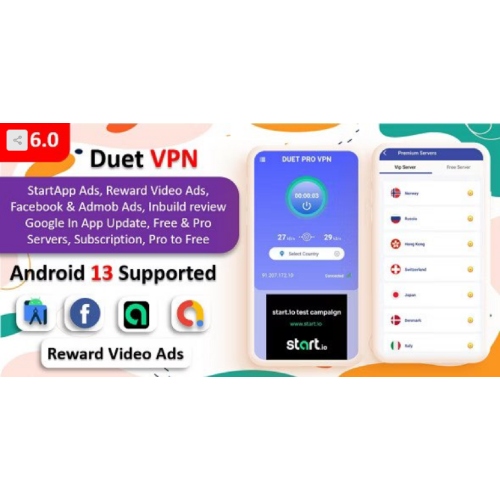 Duet Pro VPN Uygulaması | Güvenli VPN Uygulaması ve Hızlı VPN | Abonelik | Uygulama Reklamlarını Başlat | Facebook ve Admob Reklamları
