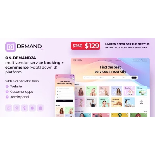 On-Demand24 – Çoklu Satıcı Hizmet Rezervasyonu + e-Ticaret (+dgtl downld) platformu (müşteri web, mafya, yönetici)