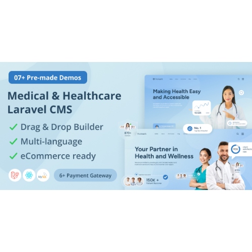Prohealth – Canlı Sayfa Oluşturucu ile Tıp ve Sağlık Laravel CMS
