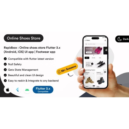 Rapidbox : Çevrimiçi ayakkabı mağazası Flutter 3.x (Android, iOS) kullanıcı arayüzü uygulaması | Ayakkabı uygulaması şablonları